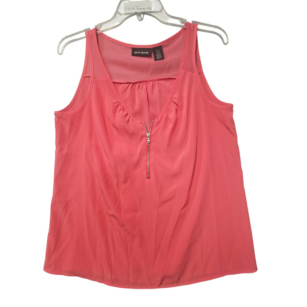 DKNY Jeans Womens Coral Pink Sleeveless Zip Neck Mesh Back Blouse Size M
